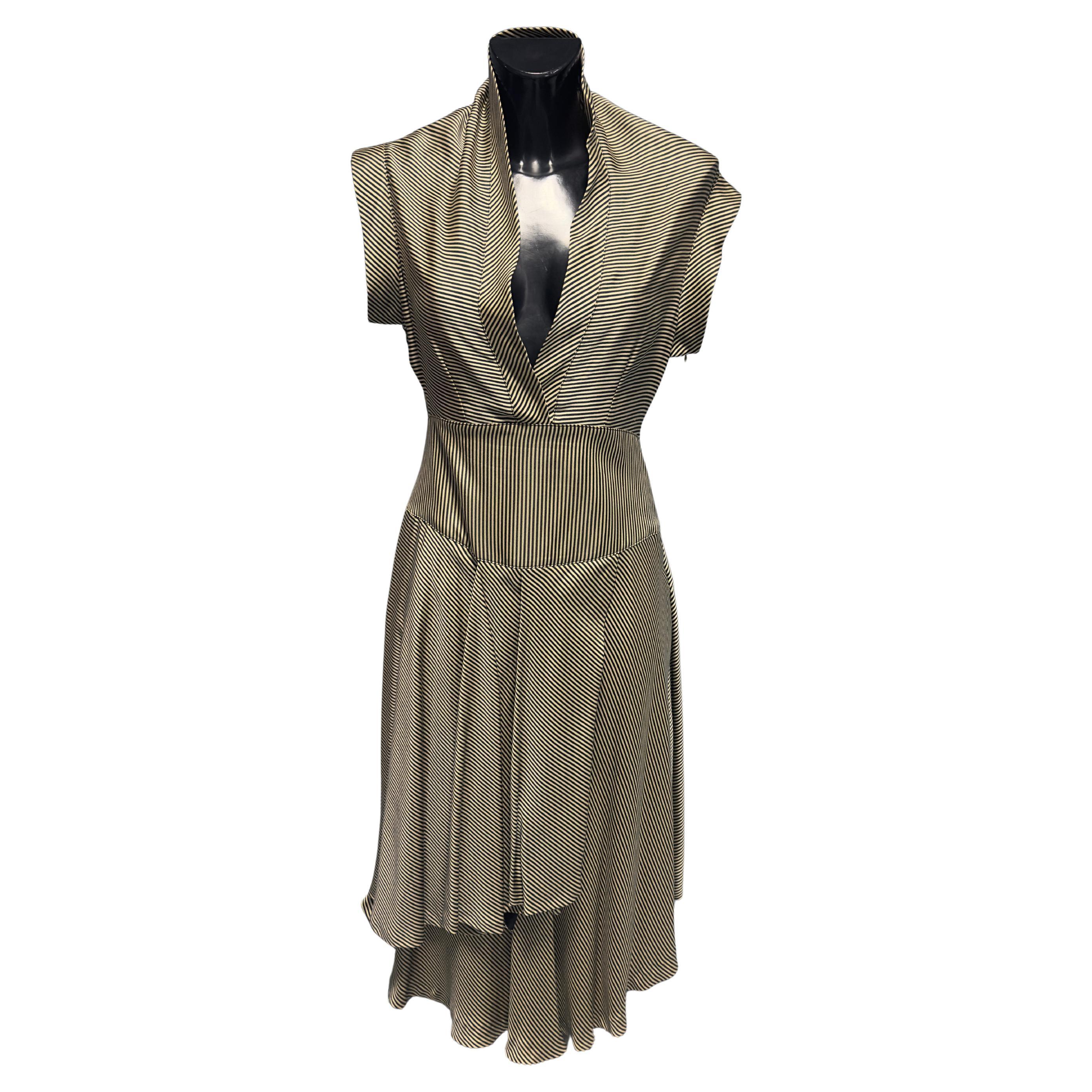 Vintage Italian 100% Silk Satin Striped Wrap Dress - Asymmetric High