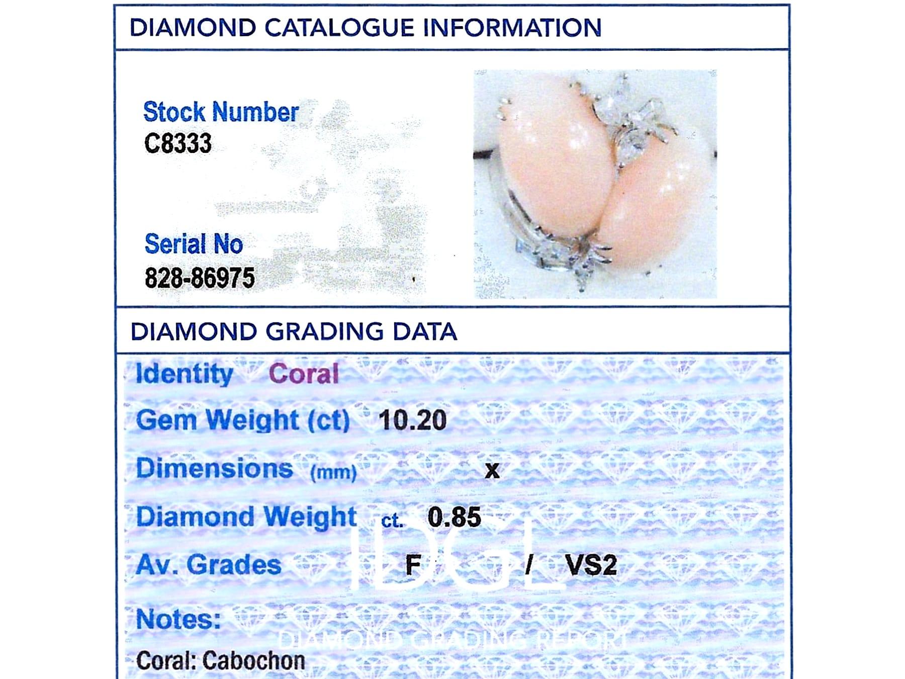 Vintage Italian 10.20 Carat Pink Coral & 0.85 Carat Diamond, Platinum Dress Ring For Sale 2