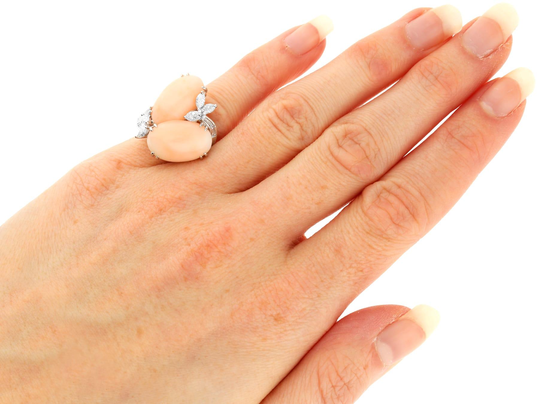 Vintage Italian 10.20 Carat Pink Coral & 0.85 Carat Diamond, Platinum Dress Ring For Sale 3