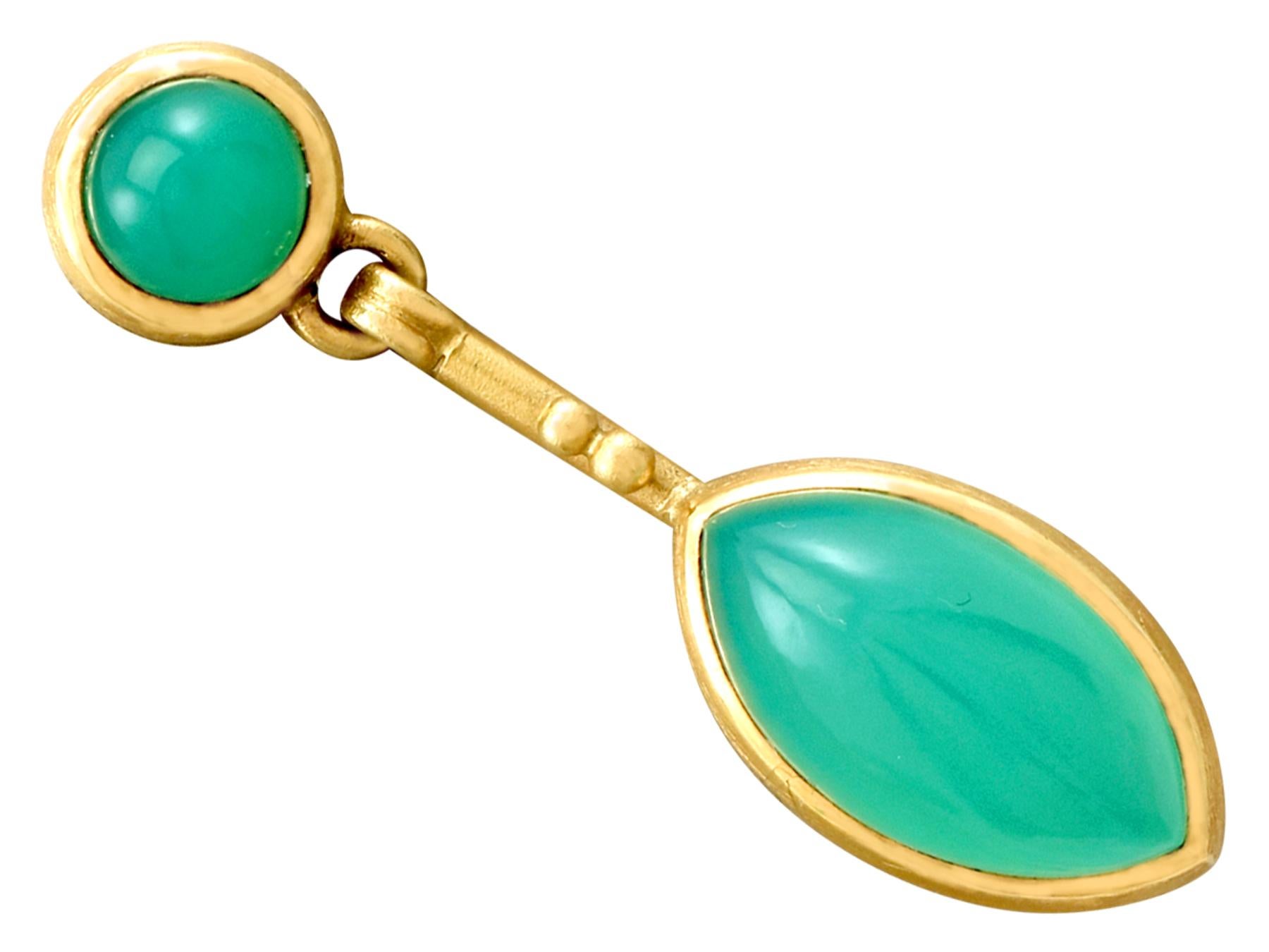 An impressive pair of vintage Italian 10.54 carat chrysoprase and 18 karat yellow gold drop earrings by Salcher Reinhard; part of our diverse vintage jewelry and estate jewelry collections.

These fine and impressive vintage gold earrings have been