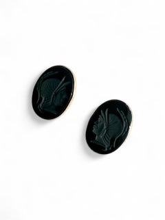 Vintage Italian 14K Gold and Black Onyx Intaglio Soldier Earrings, circa 1950s