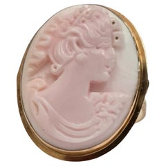 Vintage Italian 14K Gold Pink Conch Shell Cameo Ring, Floral Classical Profile