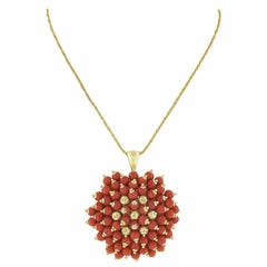 Retro Italian 14k Gold Red Coral & Textured Bead Large Round Pendant Necklace