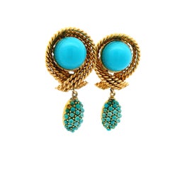 Vintage Italian 14K Gold Turquoise Rope Motif Drop Earrings, Circa 1970