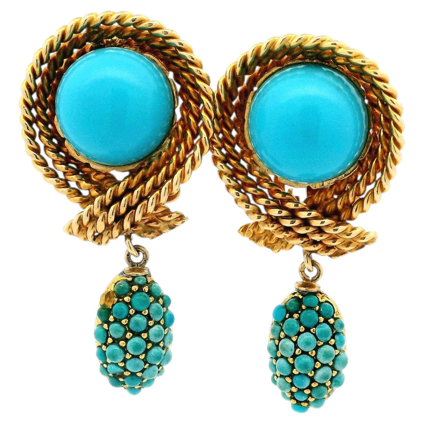 Vintage Italian 14K Gold Turquoise Rope Motif Drop Earrings, Circa 1970