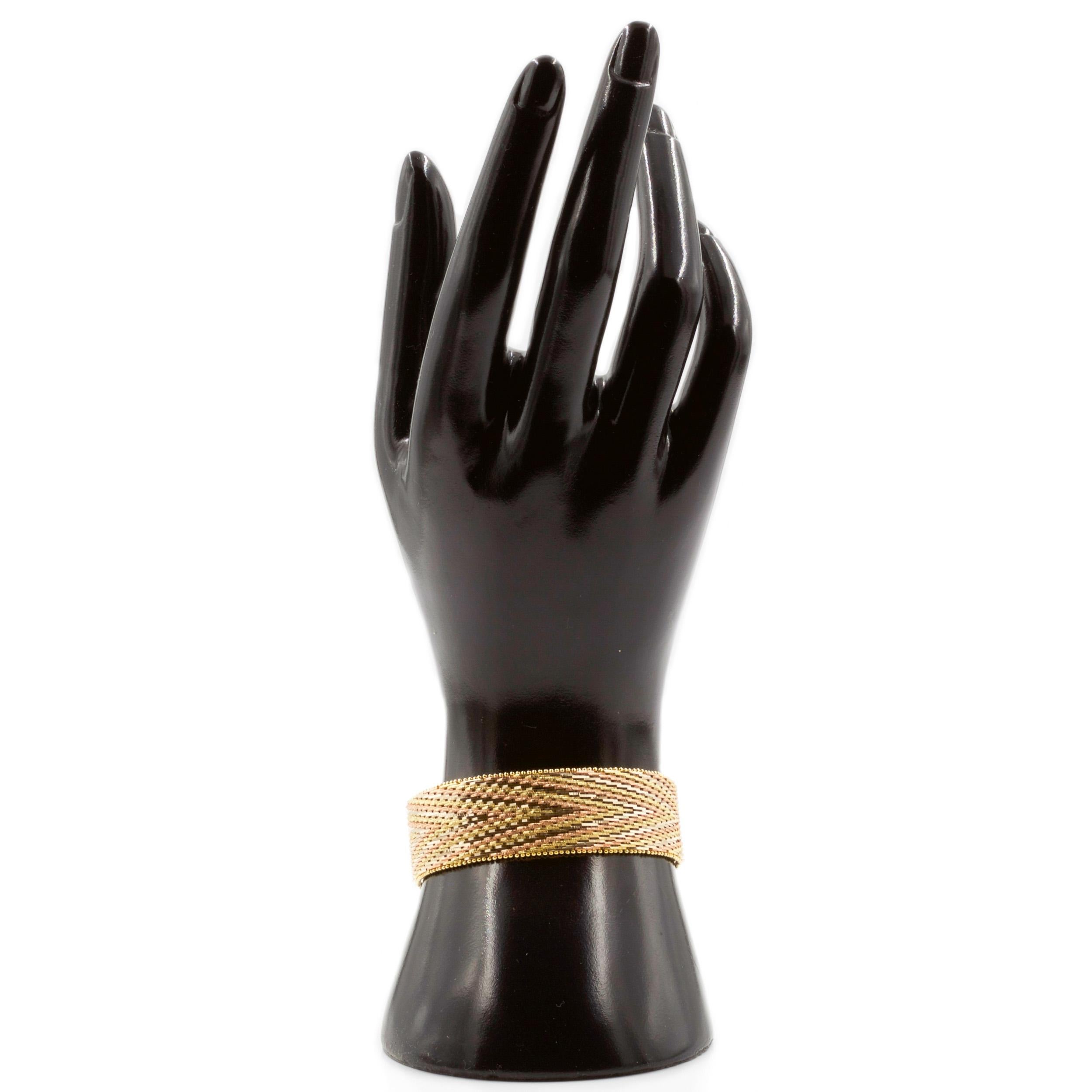 Mid-Century Modern Vintage Italian 14K Tri-Color Gold Flexible Bar-Link Bracelet w/ Chevron Pattern