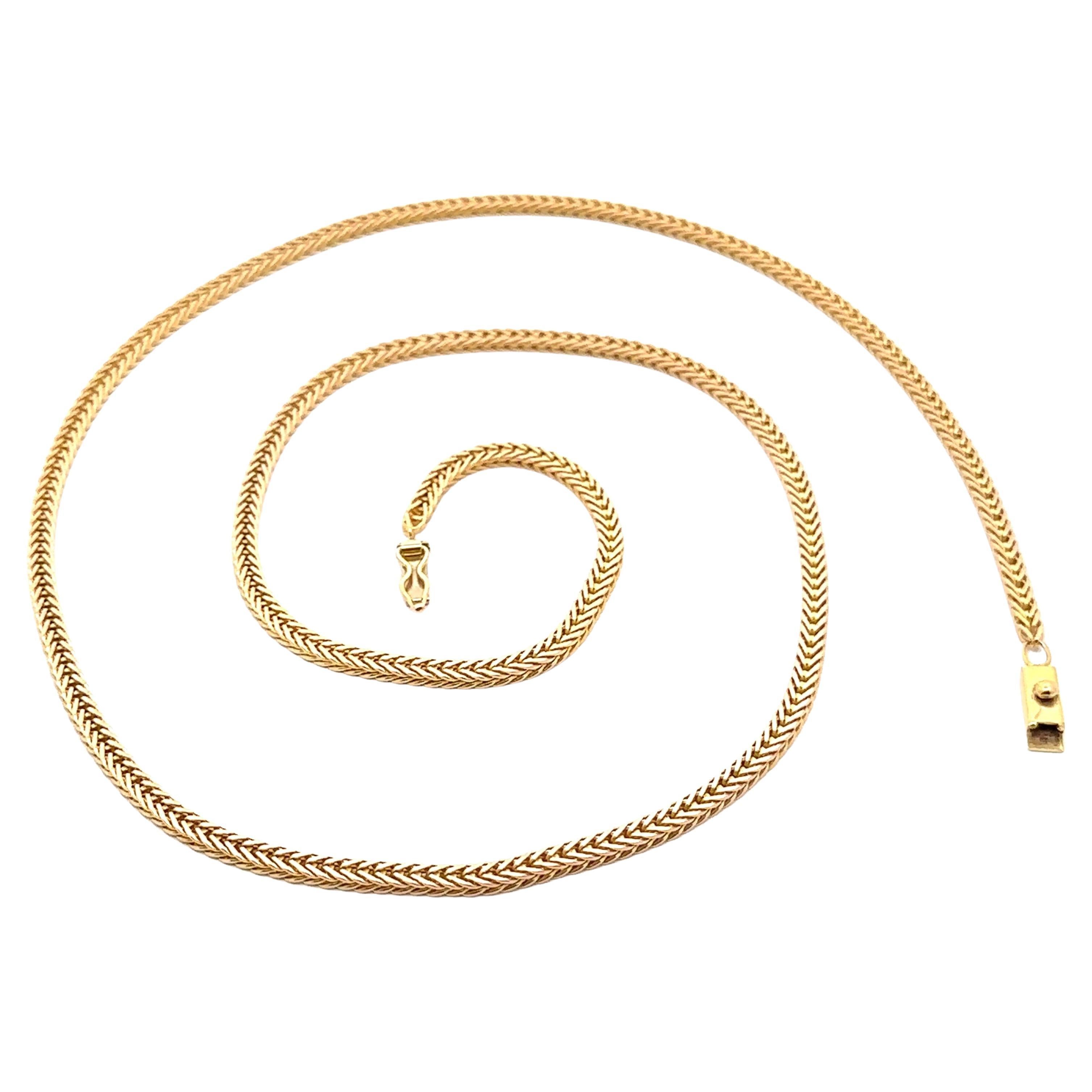 Vintage Italian 14k Yellow Gold 24" Squared Wheat Franco Link Chain Necklace For Sale