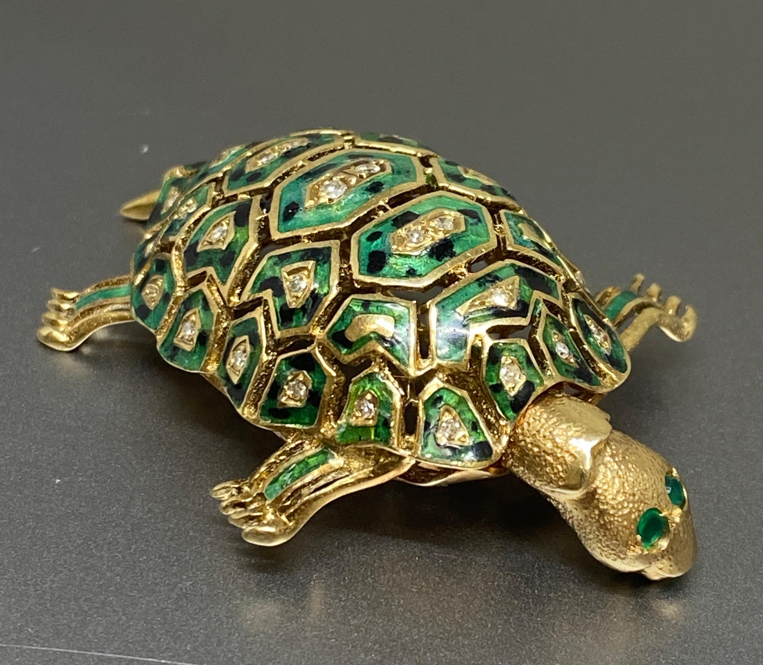 Vintage Italian 14k Yellow Gold Diamond & Enamel Turtle Brooch, Pin For Sale 4