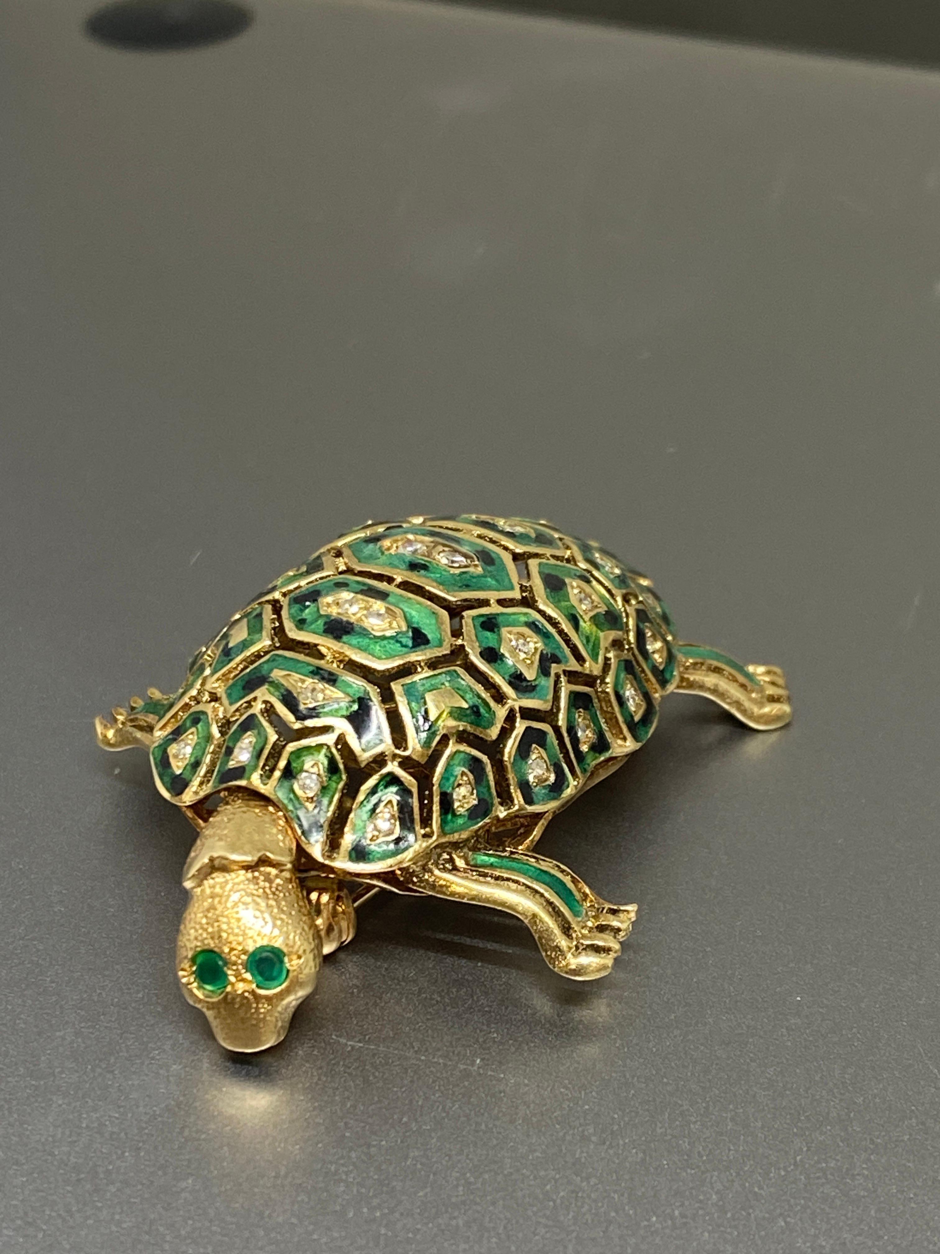 Vintage Italian 14k Yellow Gold Diamond & Enamel Turtle Brooch, Pin For Sale 5