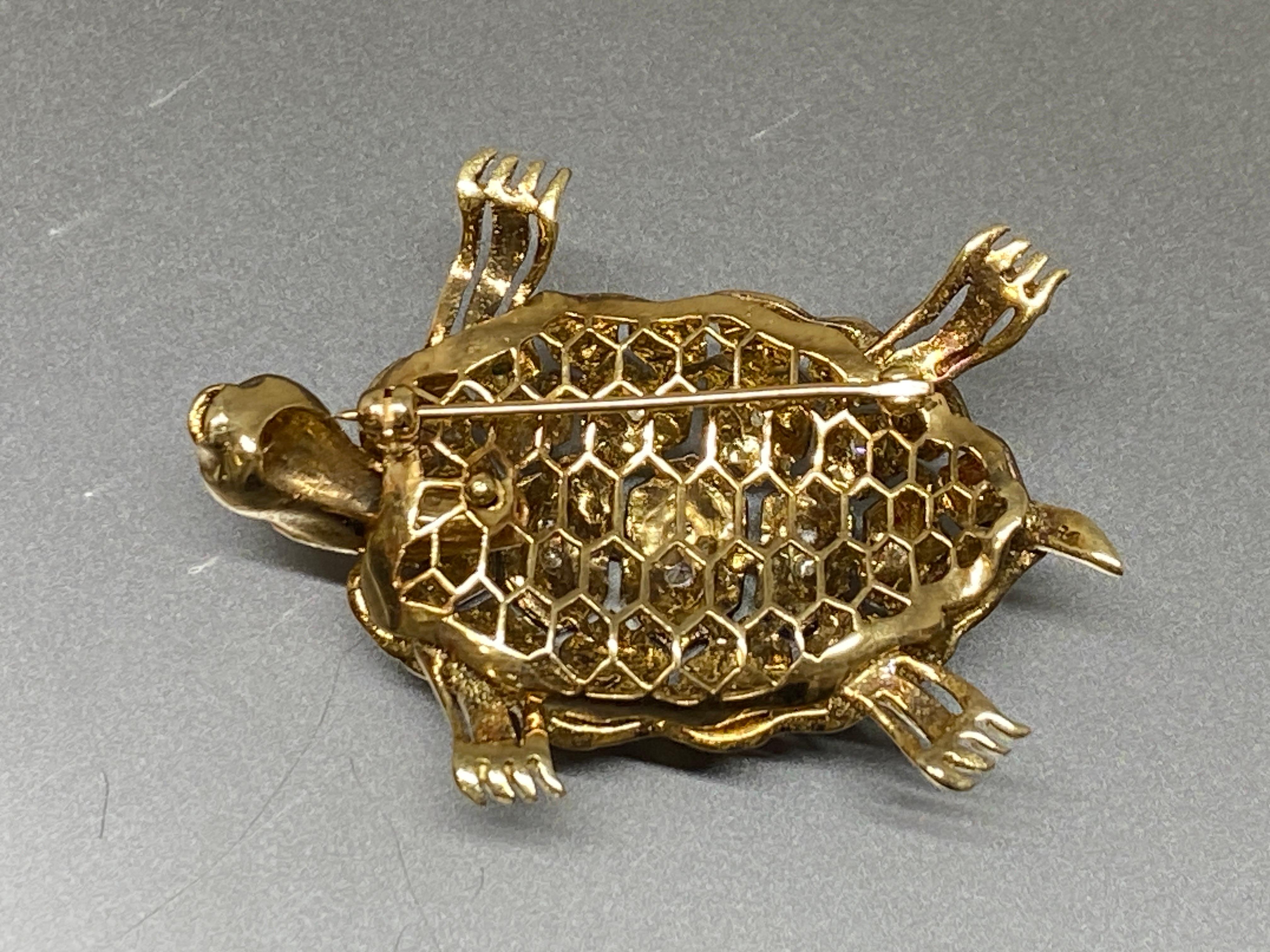Vintage Italian 14k Yellow Gold Diamond & Enamel Turtle Brooch, Pin For Sale 6
