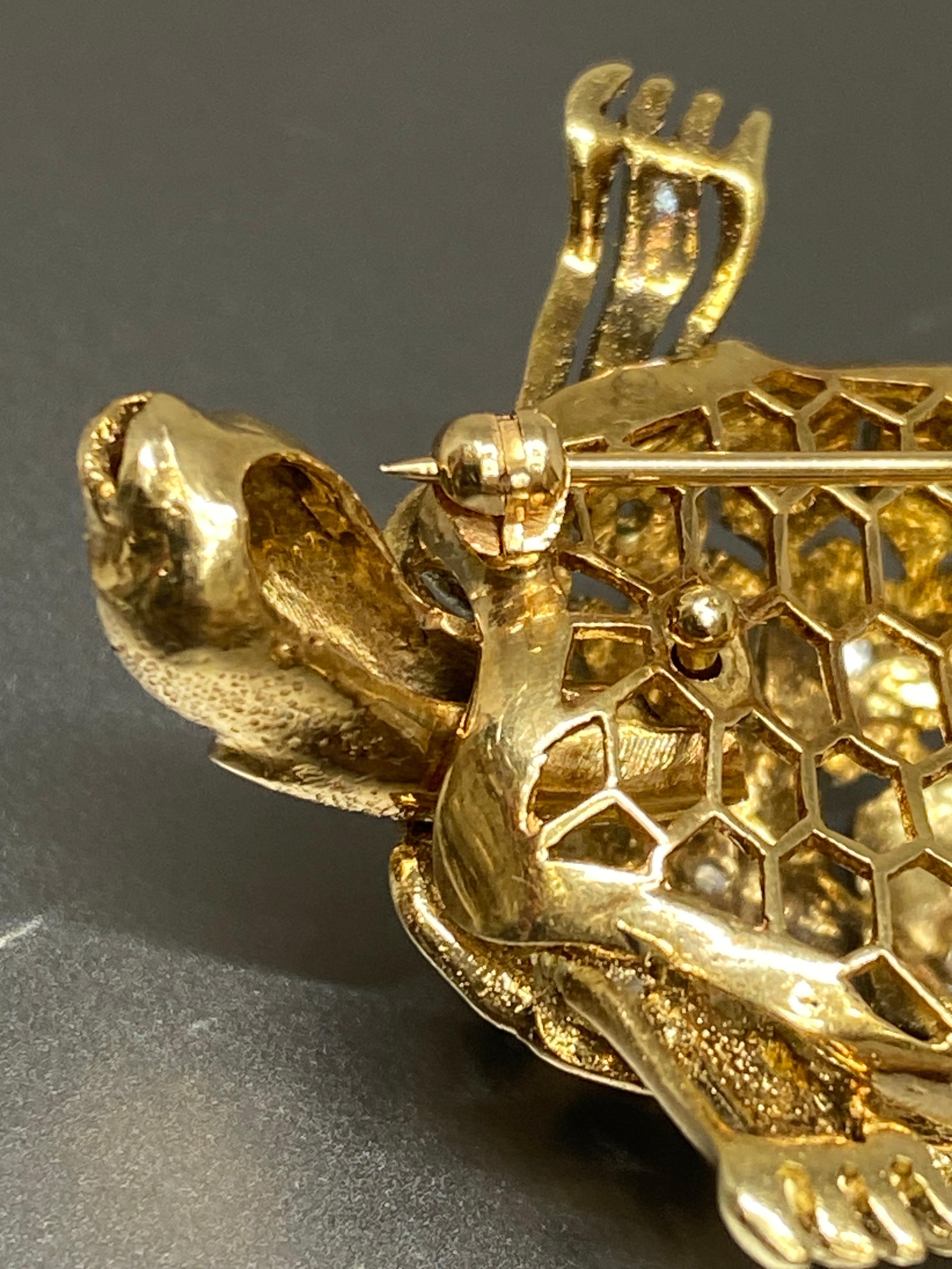 Vintage Italian 14k Yellow Gold Diamond & Enamel Turtle Brooch, Pin For Sale 7