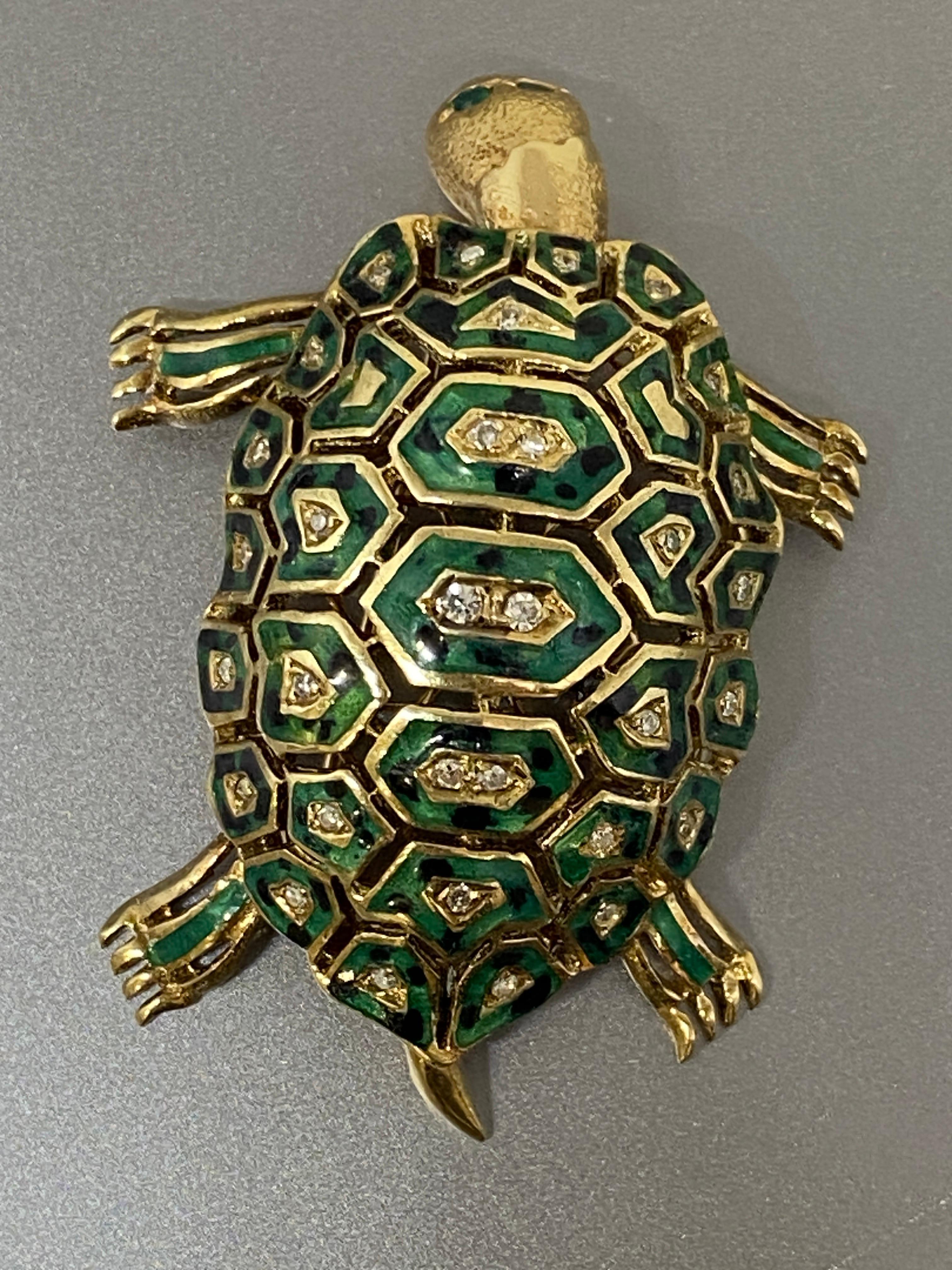 Vintage Italian 14k Yellow Gold Diamond & Enamel Turtle Brooch, Pin For Sale 8