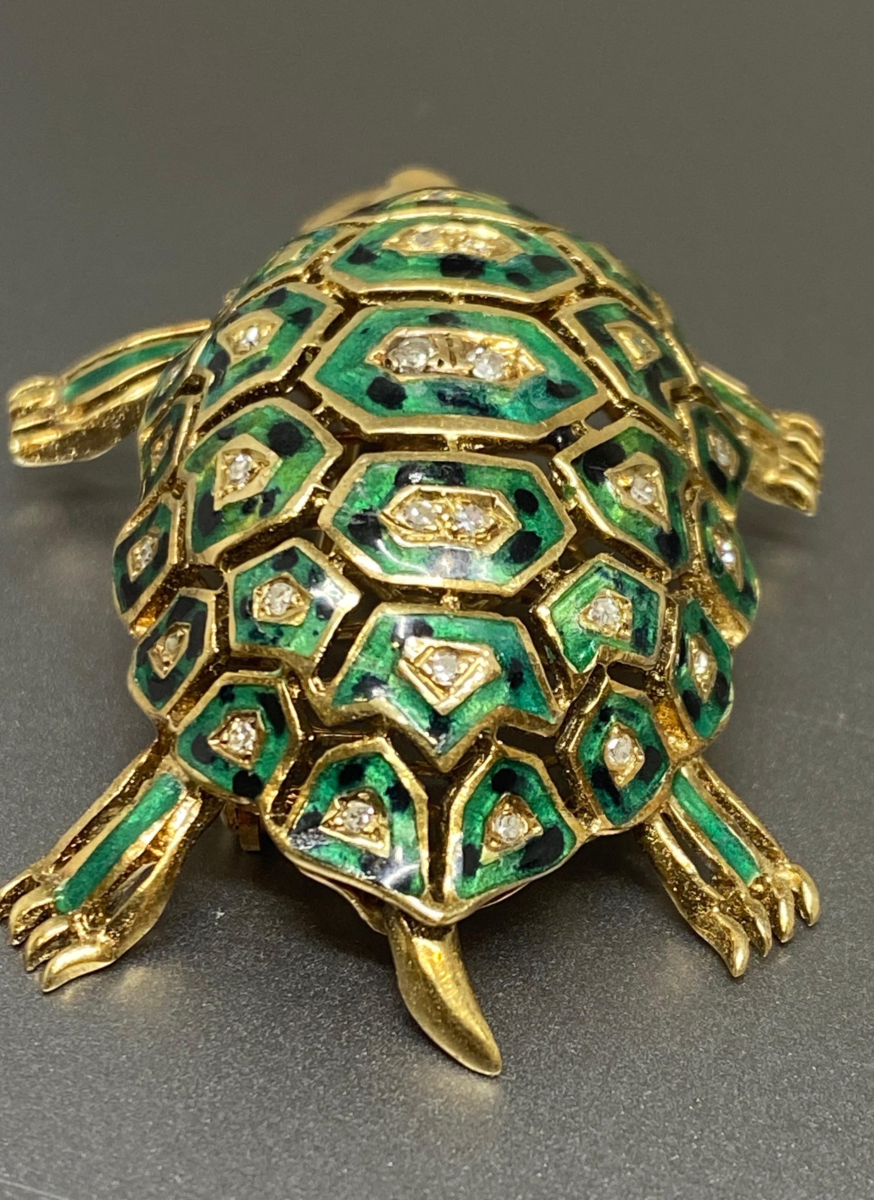 Round Cut Vintage Italian 14k Yellow Gold Diamond & Enamel Turtle Brooch, Pin For Sale