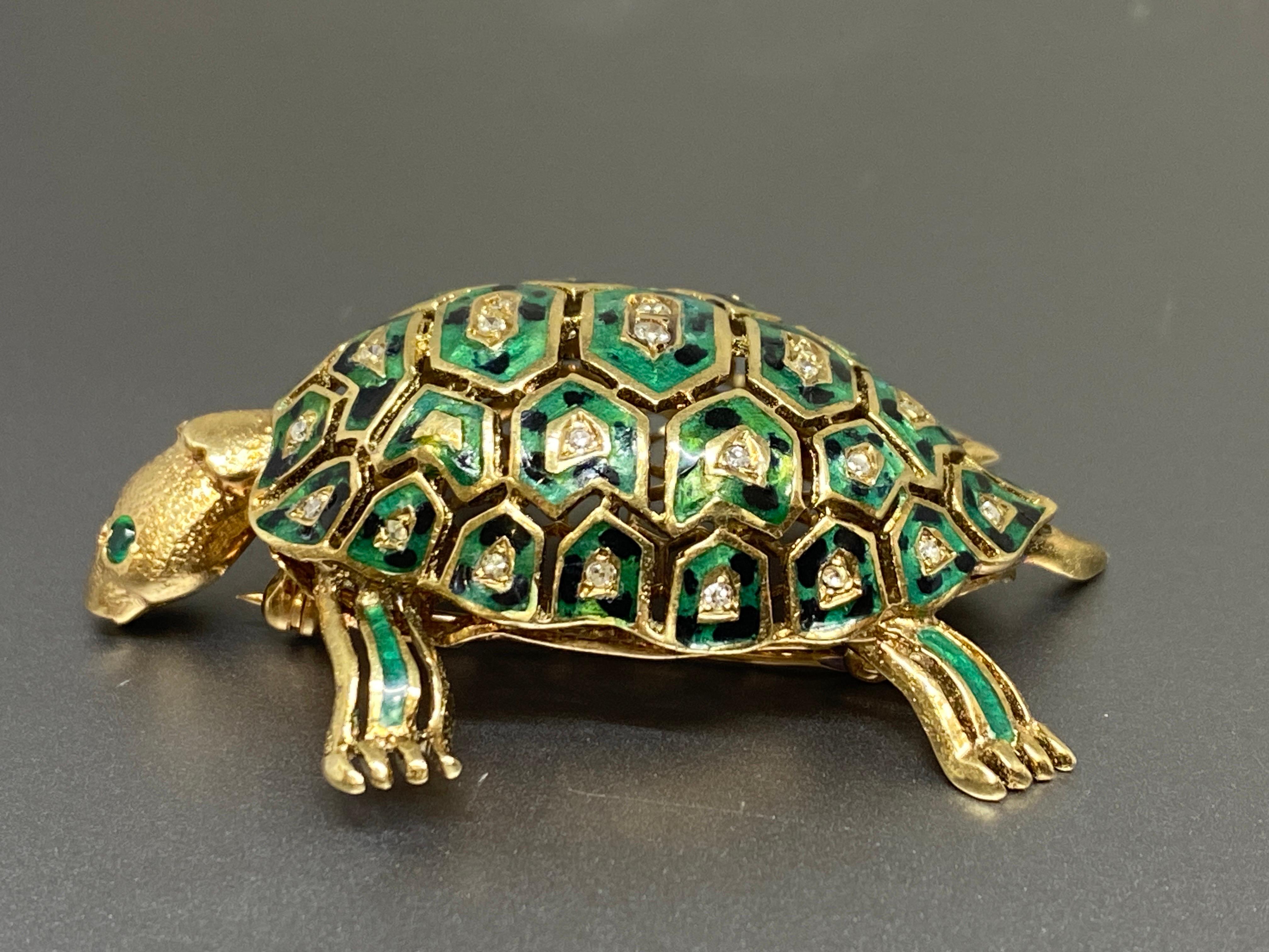 Vintage Italian 14k Yellow Gold Diamond & Enamel Turtle Brooch, Pin For Sale 1