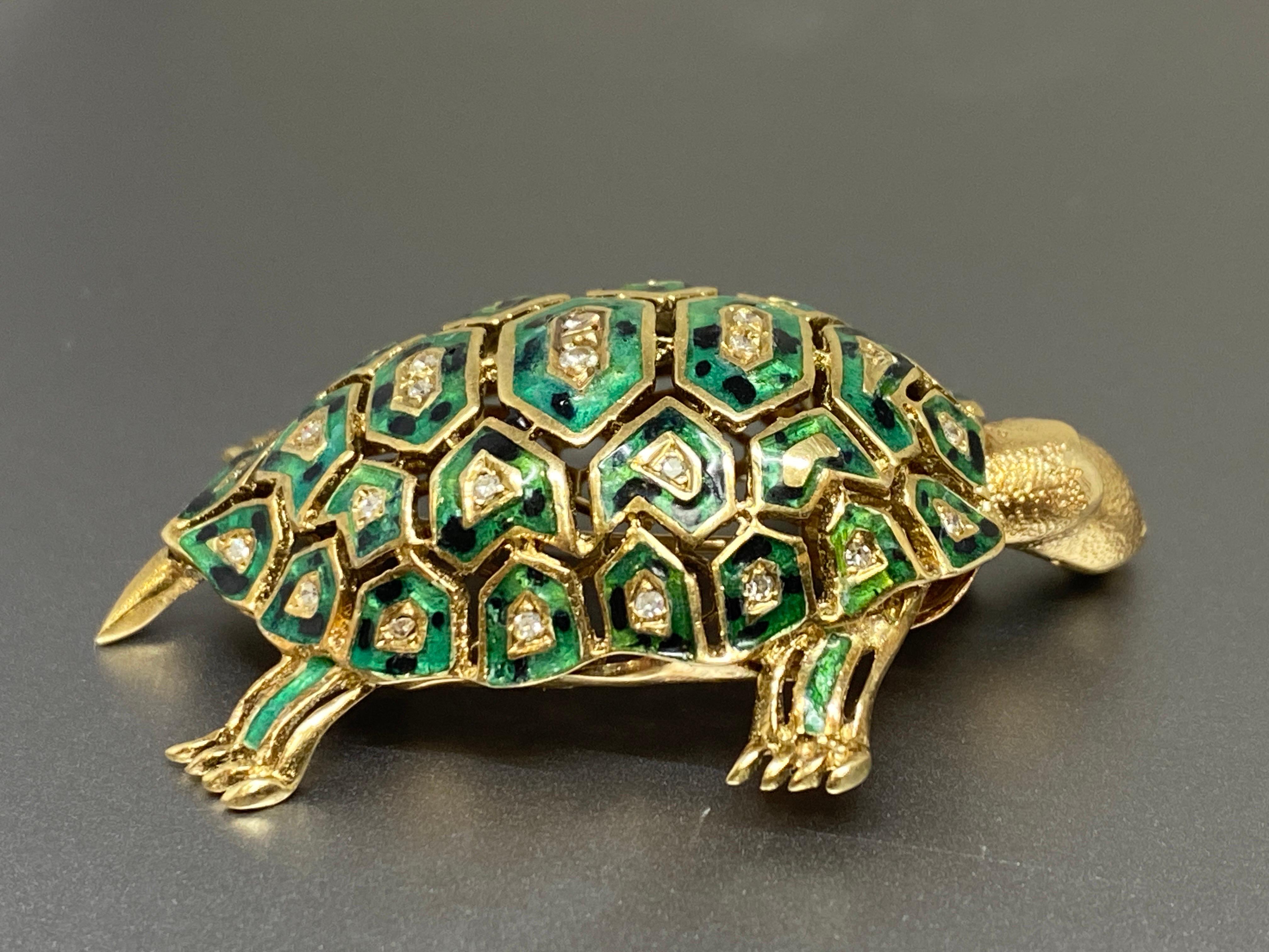 Vintage Italian 14k Yellow Gold Diamond & Enamel Turtle Brooch, Pin For Sale 2