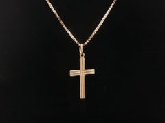 Vintage Italian 14k Yellow Gold Grooved Cross Pendant on 20" Box Link Chain