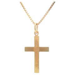 Vintage Italian 14k Yellow Gold Grooved Cross Pendant on 20" Box Link Chain