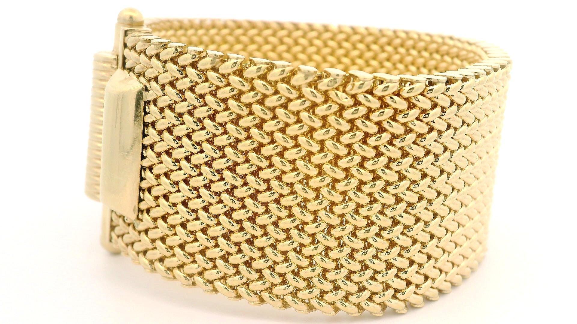 Vintage Italian 14k Yellow Gold Wide Woven Mesh Strap Bracelet w/ Slide Clasp For Sale 6