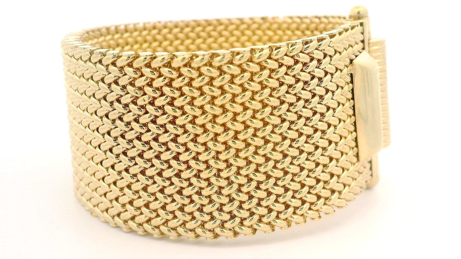 Vintage Italian 14k Yellow Gold Wide Woven Mesh Strap Bracelet w/ Slide Clasp For Sale 9