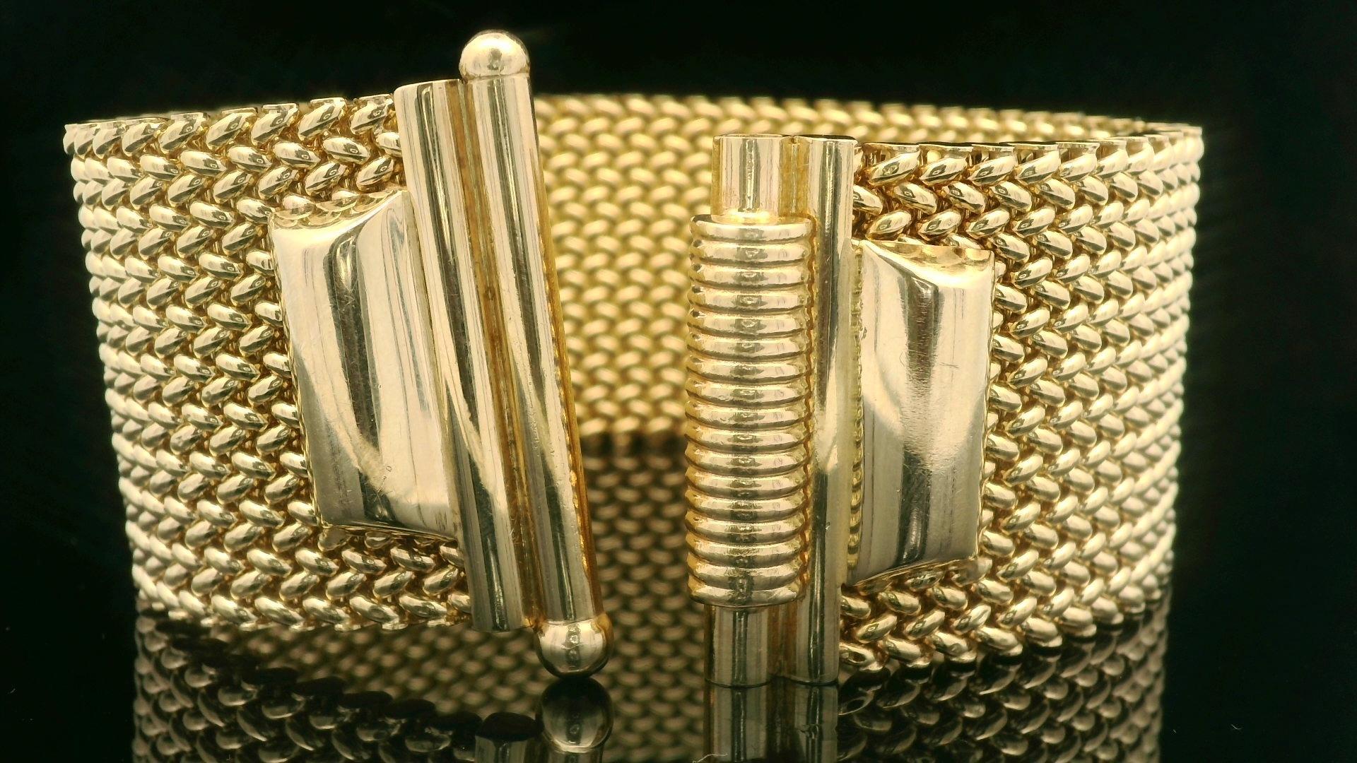 Vintage Italian 14k Yellow Gold Wide Woven Mesh Strap Bracelet w/ Slide Clasp For Sale 4