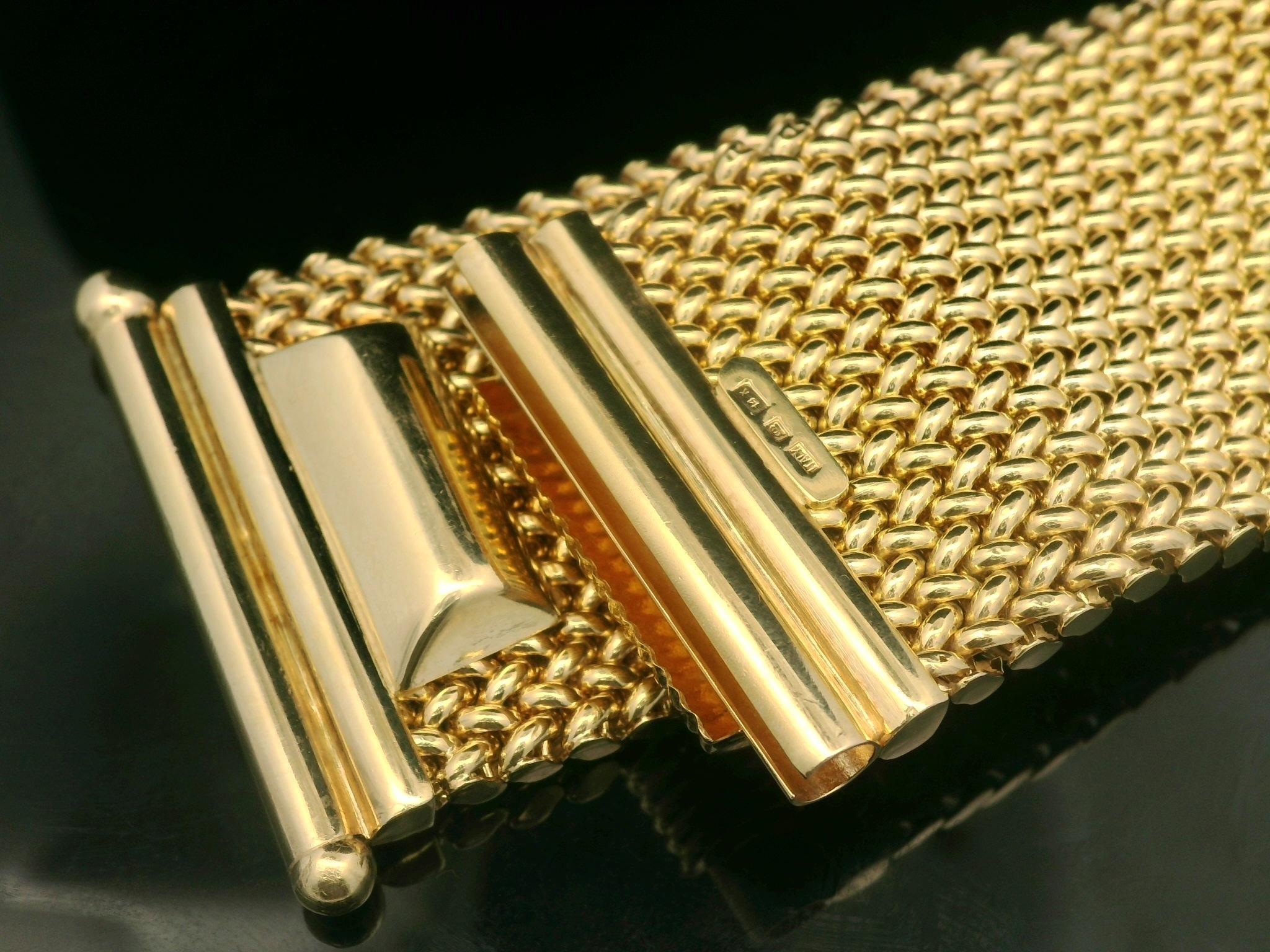 Vintage Italian 14k Yellow Gold Wide Woven Mesh Strap Bracelet w/ Slide Clasp For Sale 5