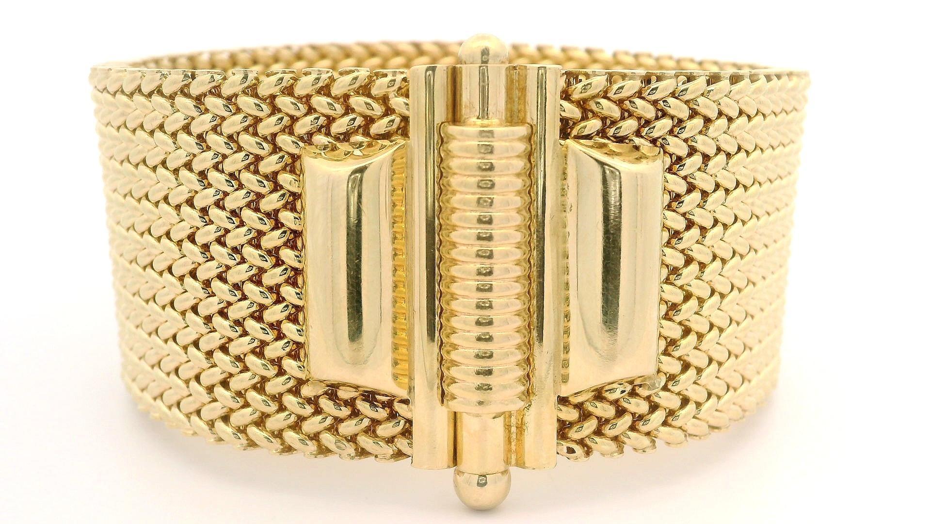 Vintage Italian 14k Yellow Gold Wide Woven Mesh Strap Bracelet w/ Slide Clasp