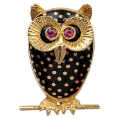 Vintage Italian 18 Karat Enamel Ruby Brooch Minto Gian Carlo, circa 1970s