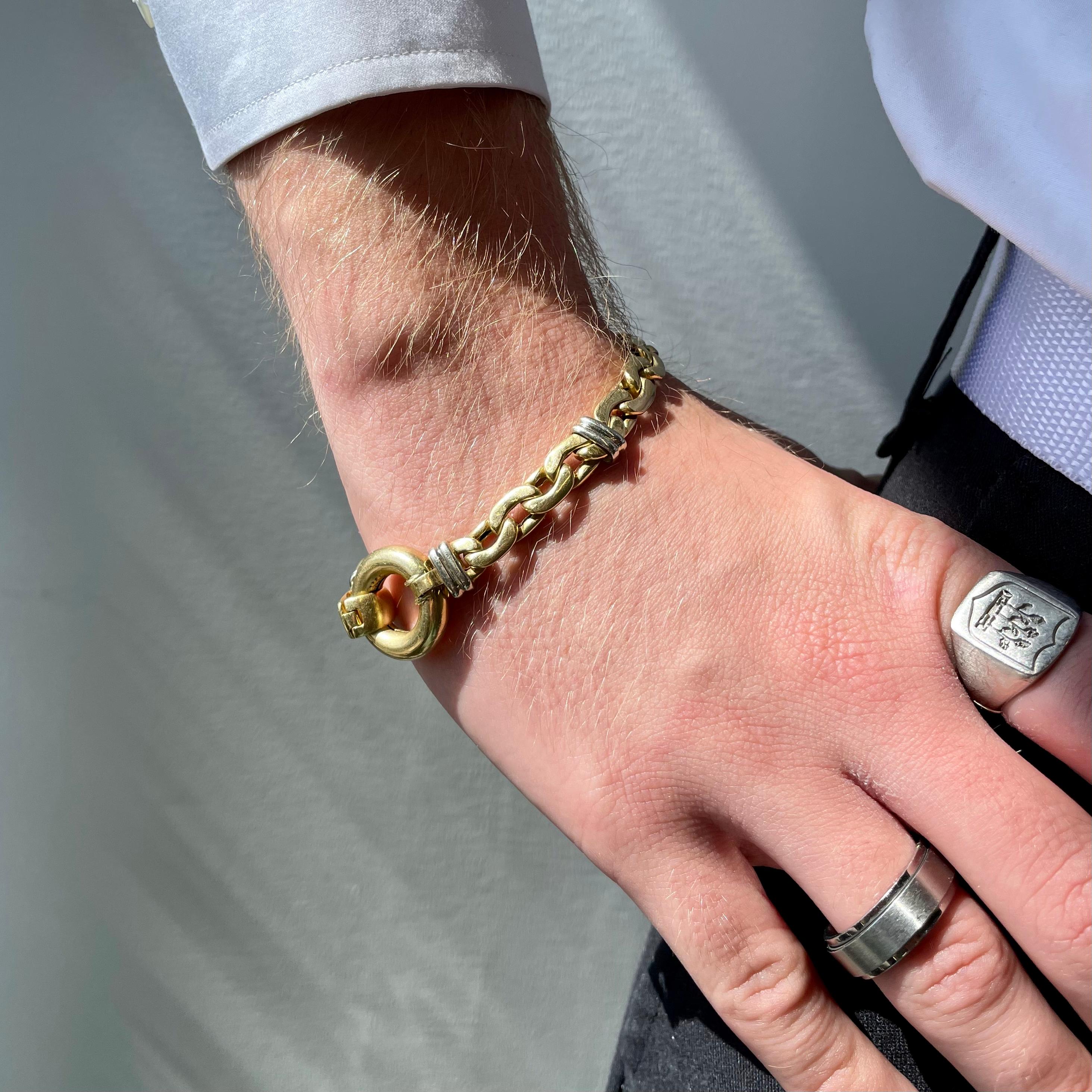 Vintage Italian 18 Karat Gold Bracelet. Italian hallmarks. Circa 1980’s. The length is  eight inches.

About The Piece: Substantial, bold solid gold links are the hottest trend of 2021. Wear this bracelet with an all-black outfit for a dramatic
