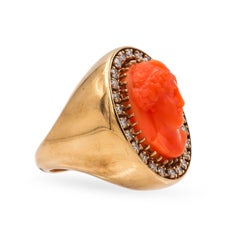 Vintage Italian 18 Karat Gold Carved Coral Cameo & Diamond Ring