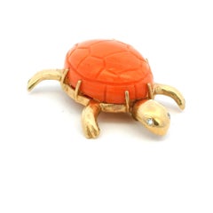 Vintage Italian 18 Karat Gold Carved Coral Turtle Brooch with Diamond Eyes