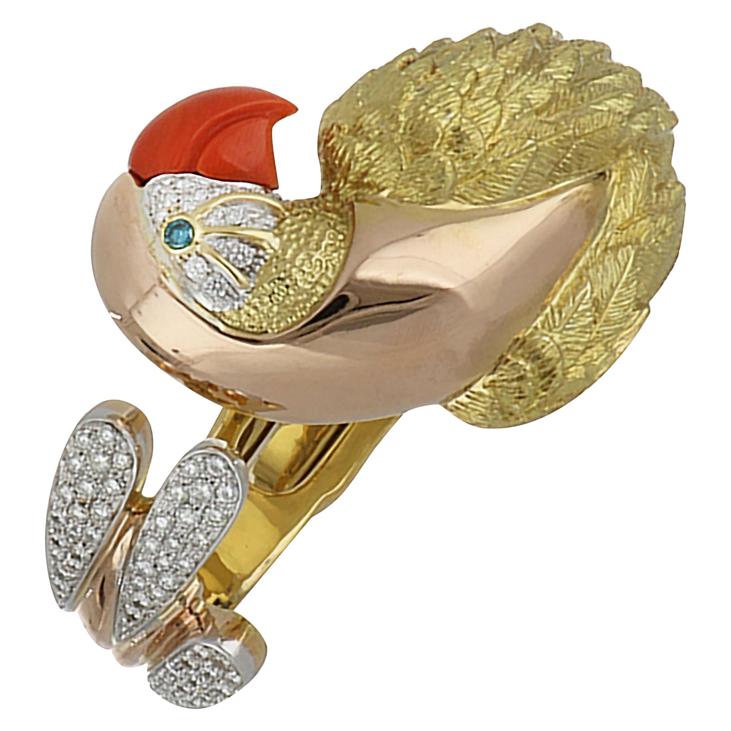 Italian 18K Gold Coral and Diamond Parrot Bangle Bracelet