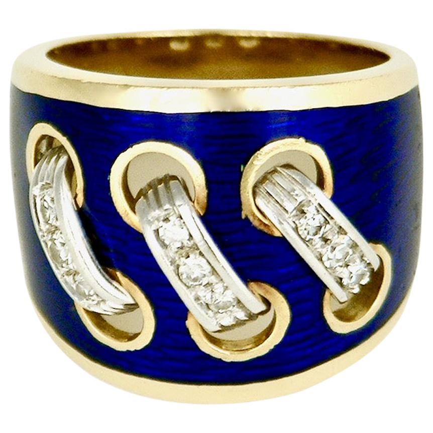 Vintage Italian 18 Karat Gold Diamond and Blue Enamel Modernist Ring, 1960s