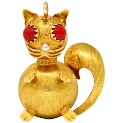 Vintage Italian 18 Karat Two-Tone Gold Cat Pendant Charm