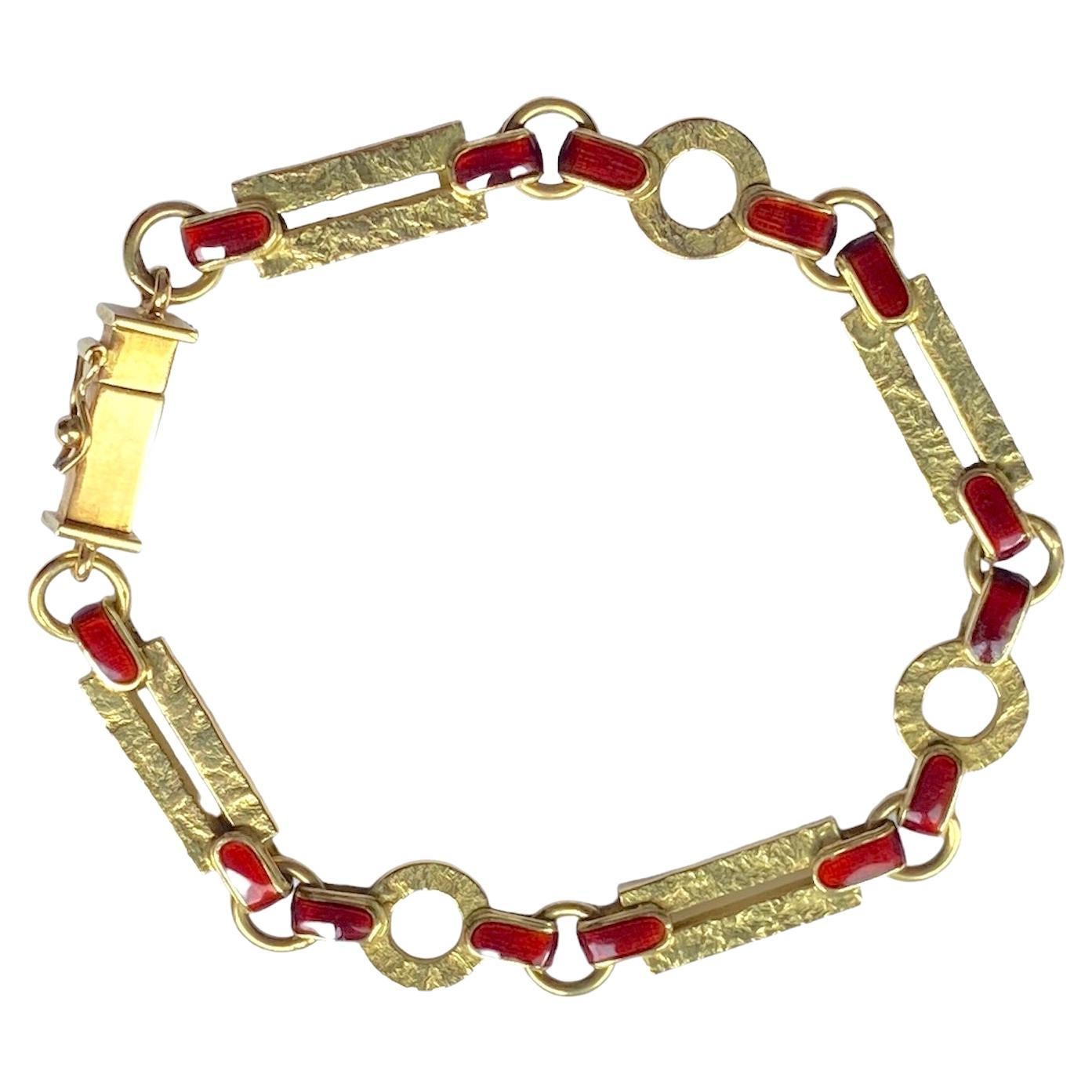 Vintage Italian 18 Karat Yellow Gold Hammered Enamel Chain Bracelet For Sale