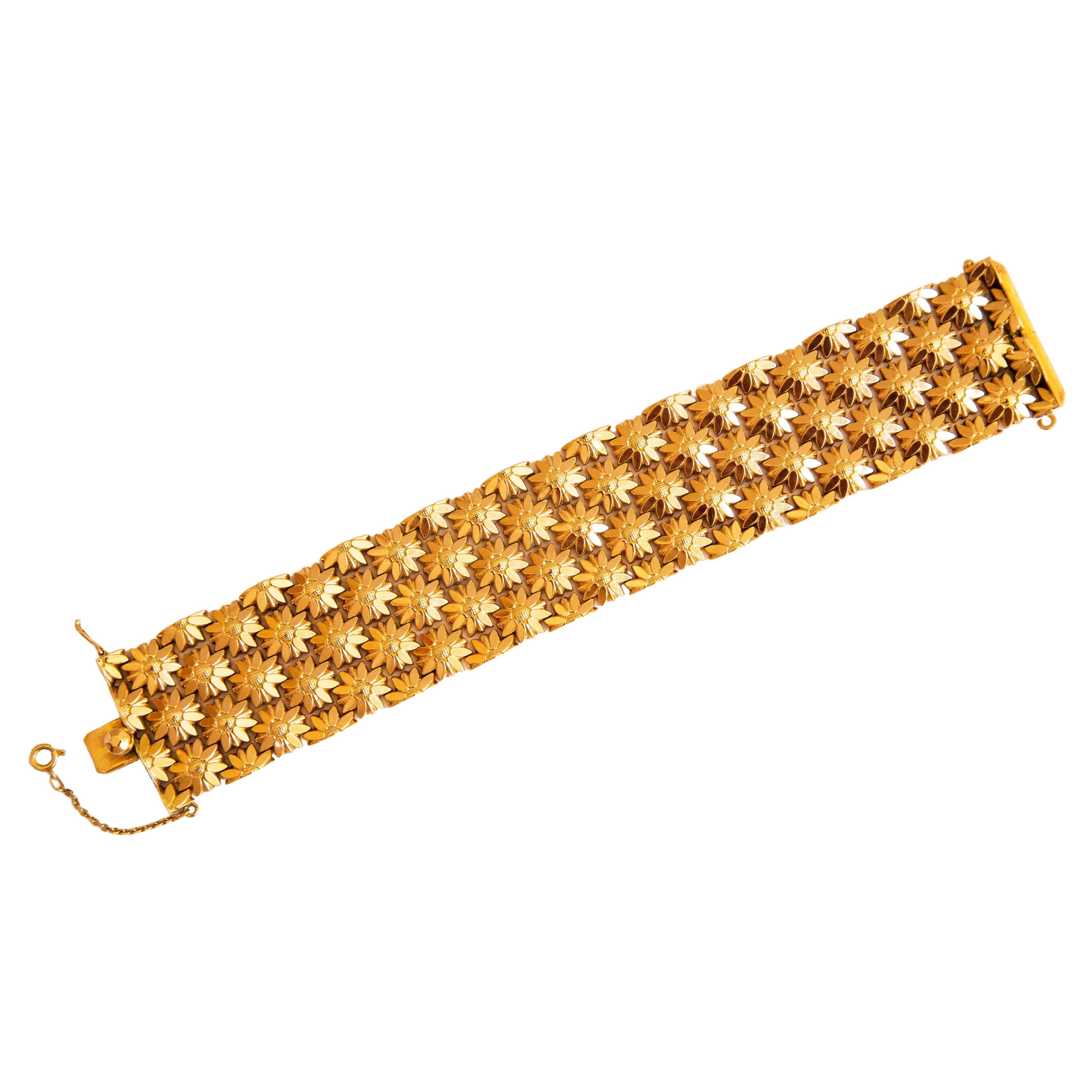 Bracelet italien vintage à larges maillons en or jaune 18 carats avec motifs floraux
