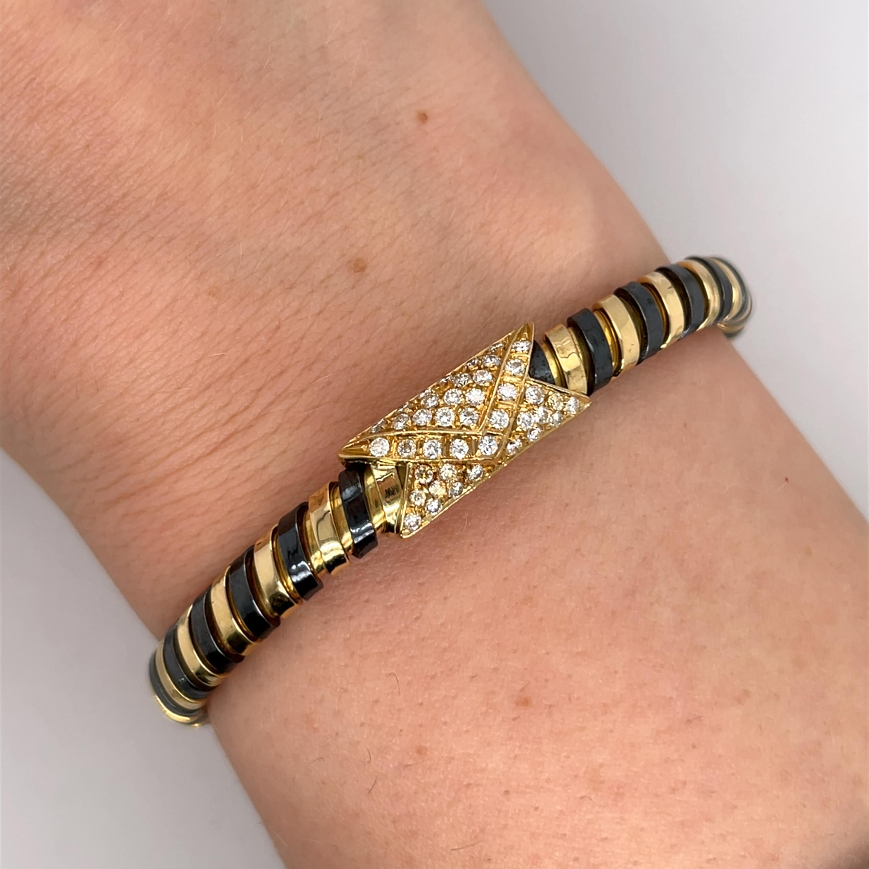 Round Cut Vintage Italian 18ct Yellow Gold & Steel Diamond Bangle/Bracelet