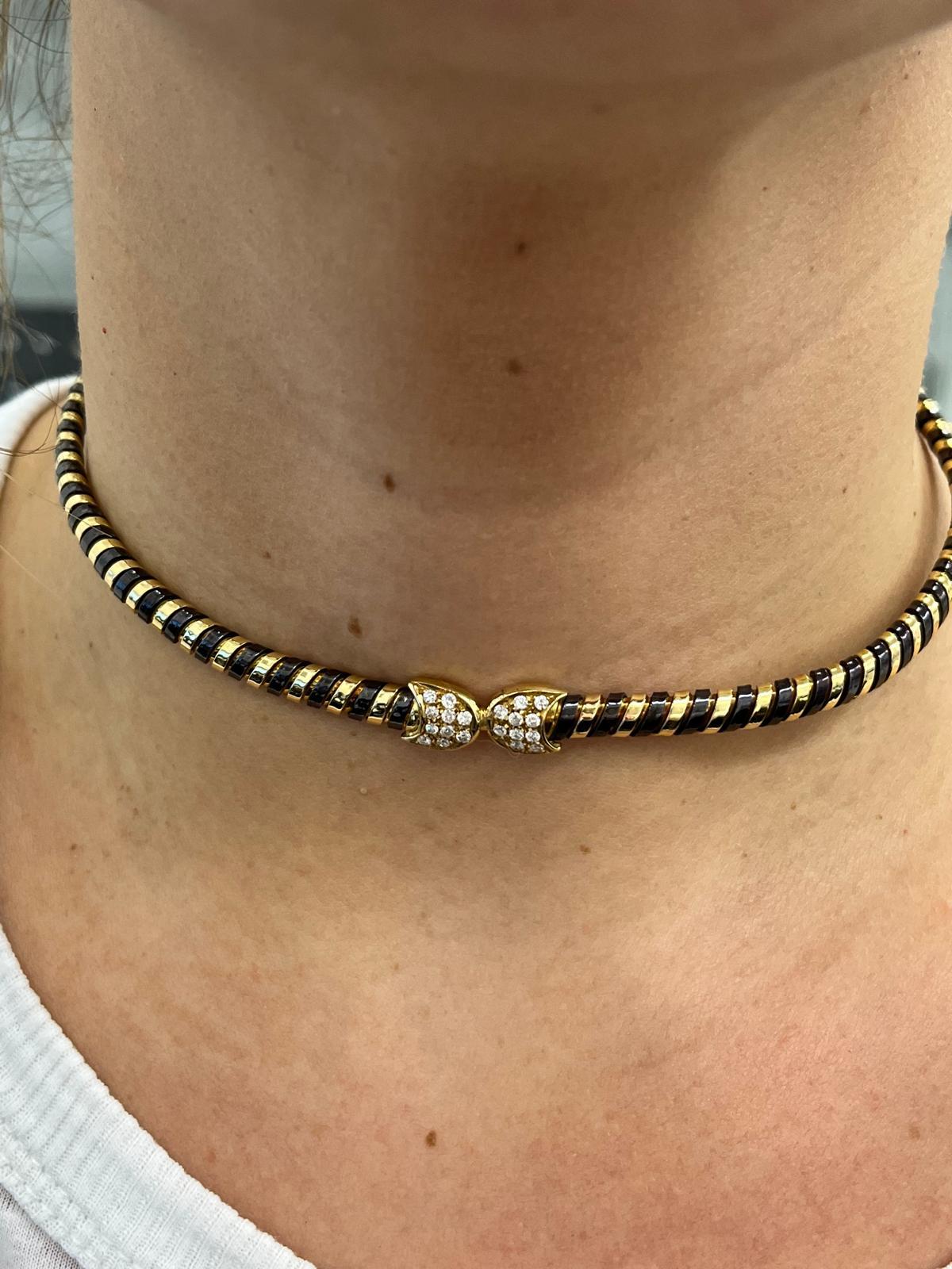 Collier italien vintage en or jaune 18 carats et acier avec diamants en vente 1
