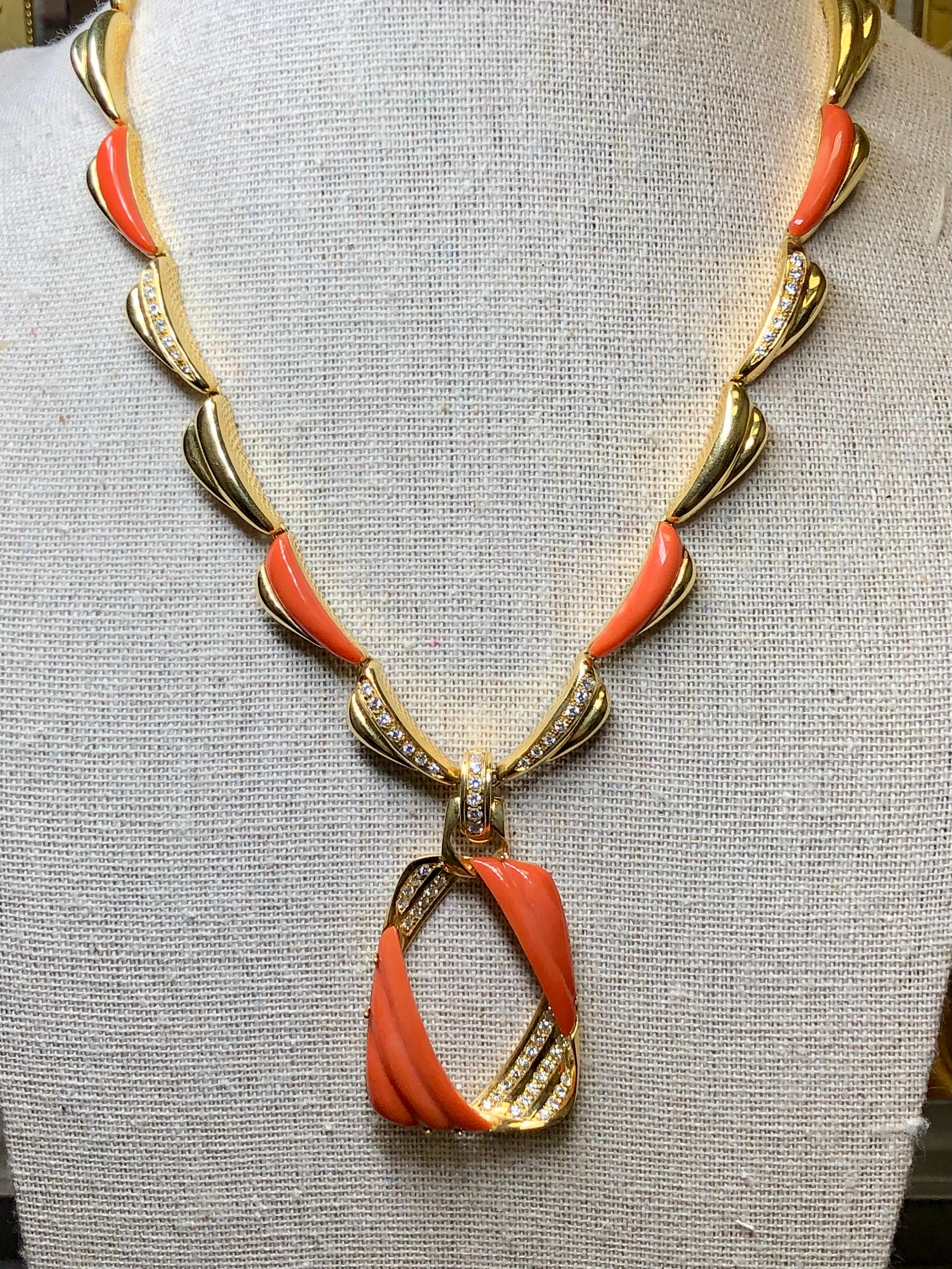 Vintage Italian 18K Carved Inlaid Coral Diamond Necklace Pendant  In Good Condition For Sale In Winter Springs, FL