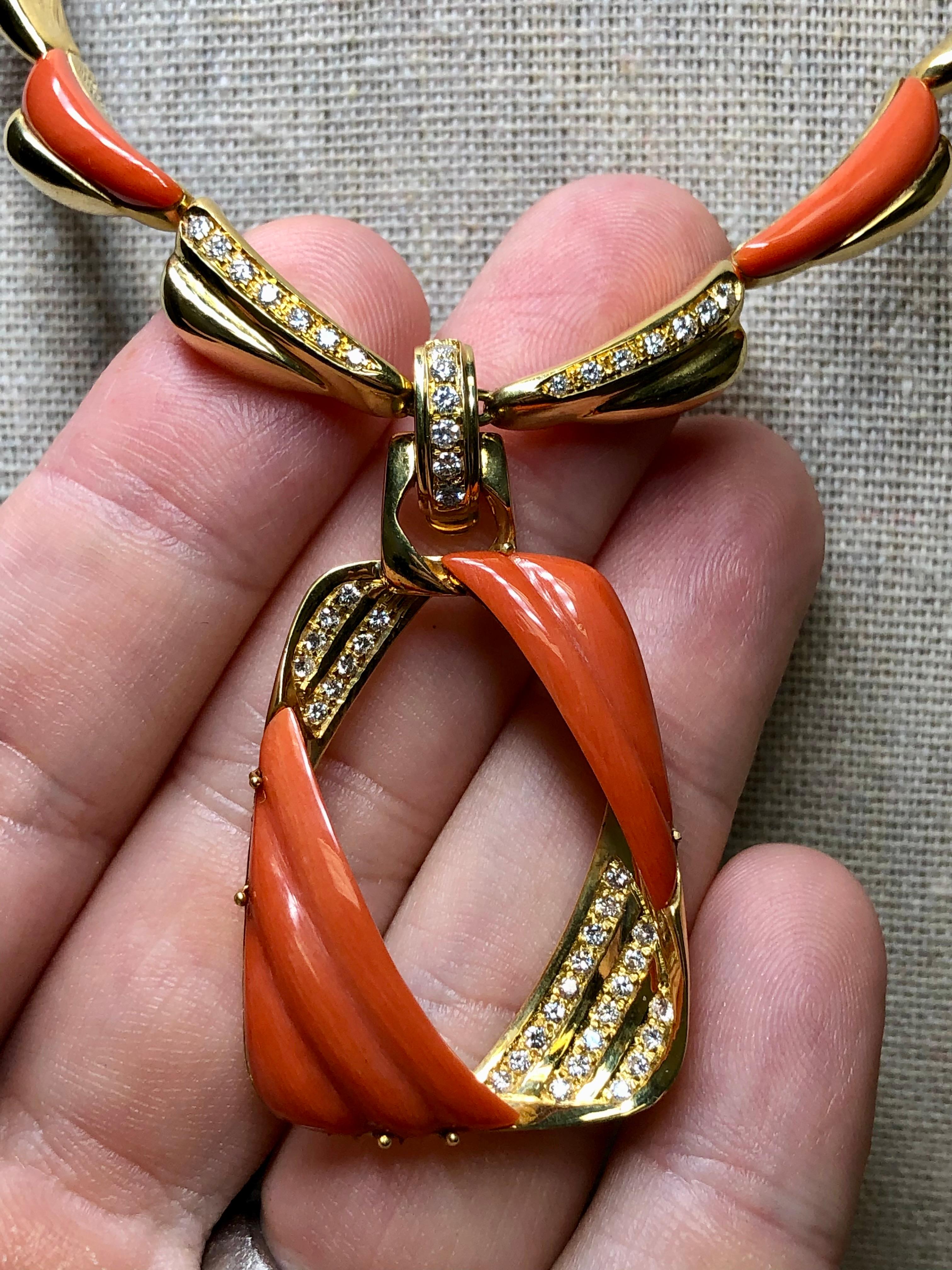 Vintage Italian 18K Carved Inlaid Coral Diamond Necklace Pendant  For Sale 1
