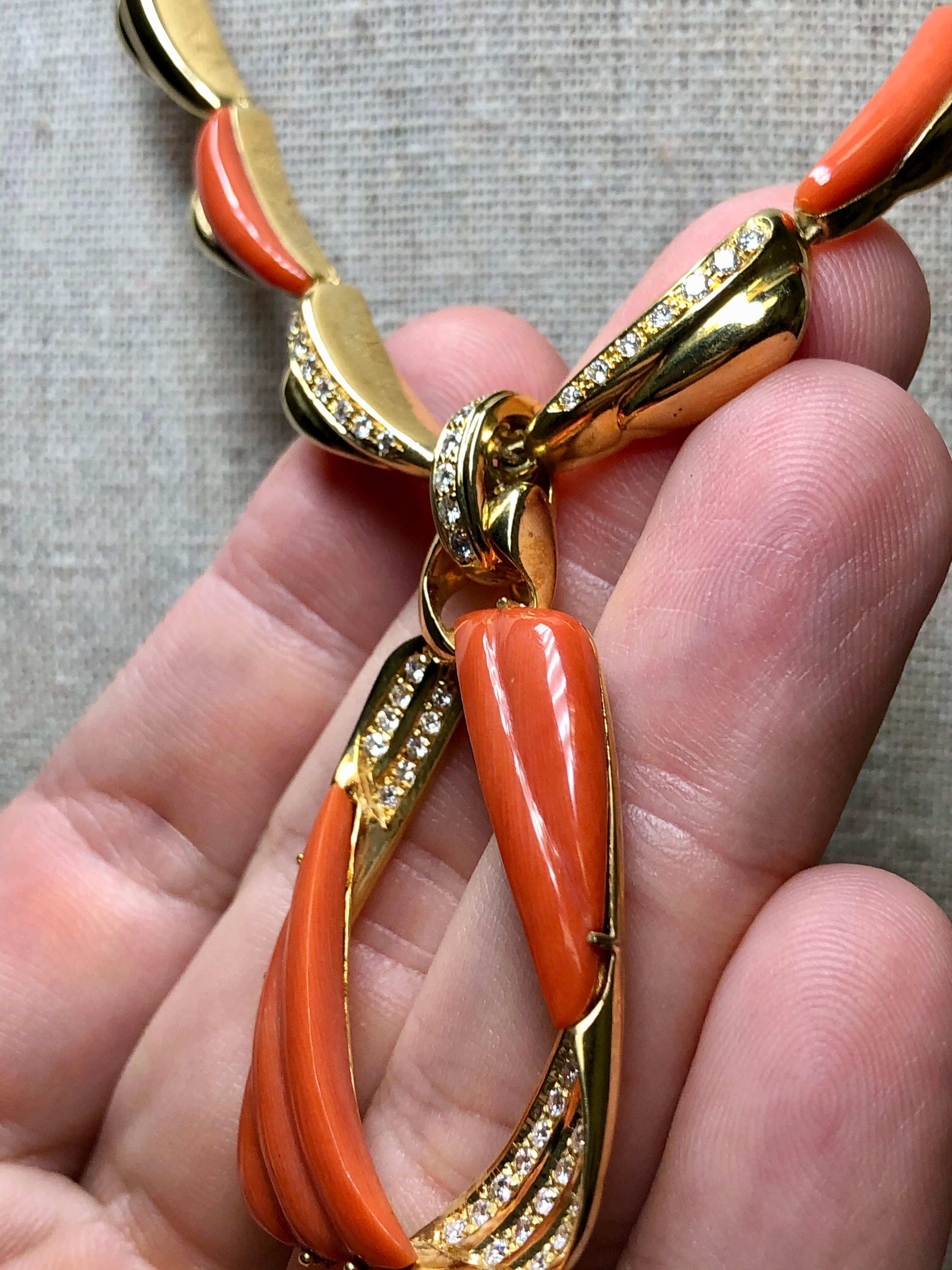 Vintage Italian 18K Carved Inlaid Coral Diamond Necklace Pendant  For Sale 2