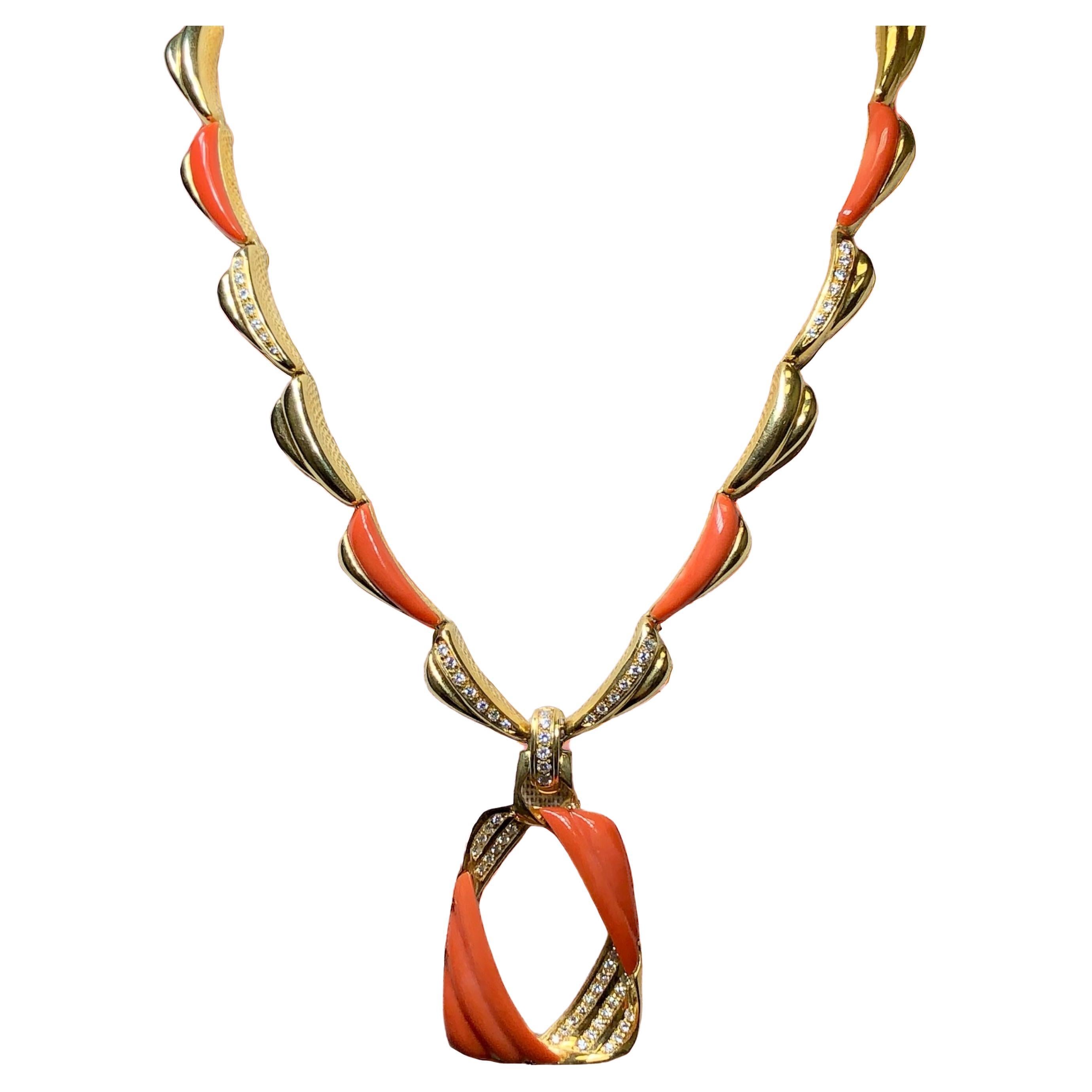 Vintage Italian 18K Carved Inlaid Coral Diamond Necklace Pendant For Sale