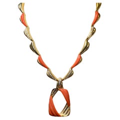 Retro Italian 18K Carved Inlaid Coral Diamond Necklace Pendant 