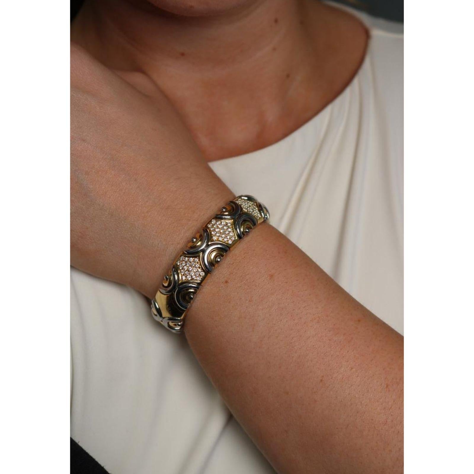 Contemporary Vintage Italian 18K Diamond Cuff Bracelet Gold & Steel by Acciaio Foro ~1.87ctw For Sale