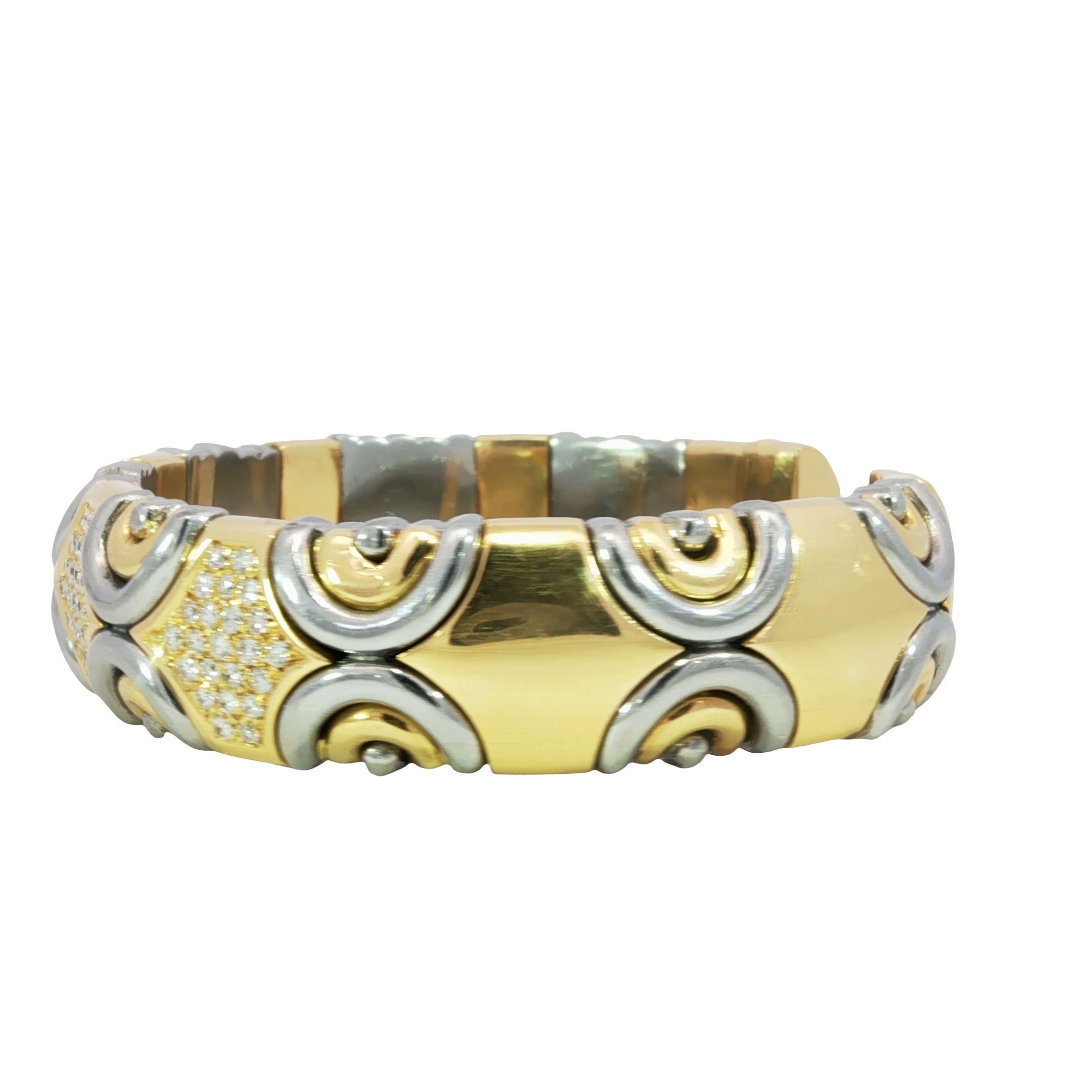 Round Cut Vintage Italian 18K Diamond Cuff Bracelet Gold & Steel by Acciaio Foro ~1.87ctw For Sale