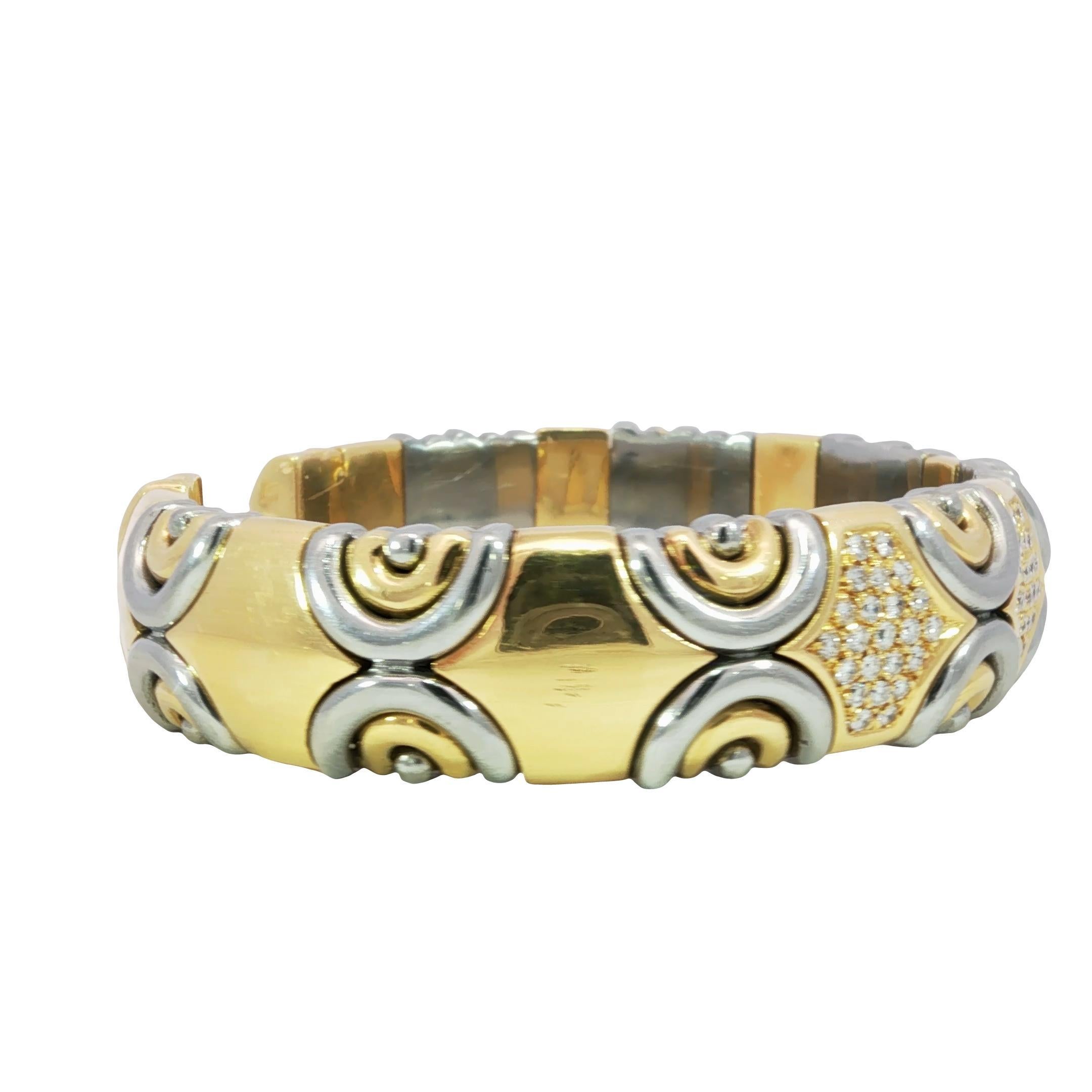 Vintage Italian 18K Diamond Cuff Bracelet Gold & Steel by Acciaio Foro ~1.87ctw In Good Condition For Sale In Fairfield, CT