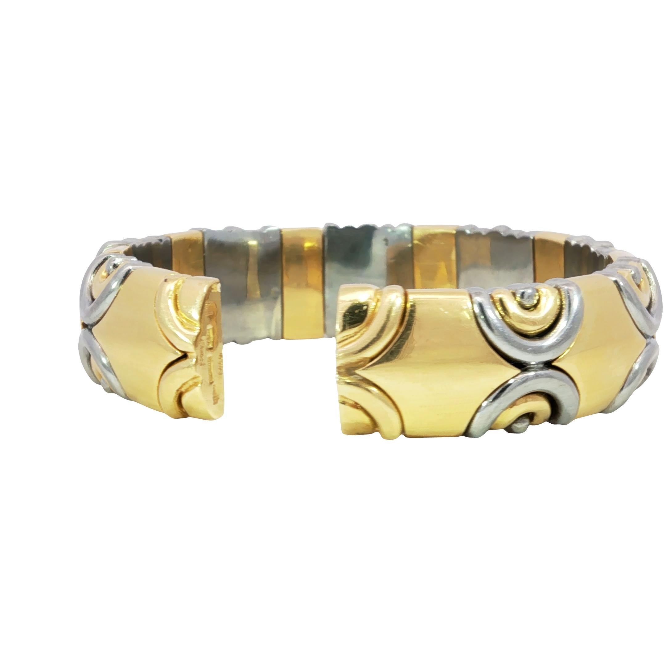 Vintage Italian 18K Diamond Cuff Bracelet Gold & Steel by Acciaio Foro ~1.87ctw For Sale 1