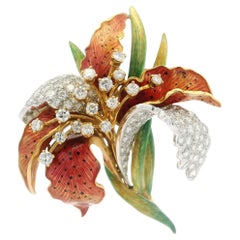 Broche flor grande con esmalte de diamantes 5ctw de oro italiano vintage de 18k