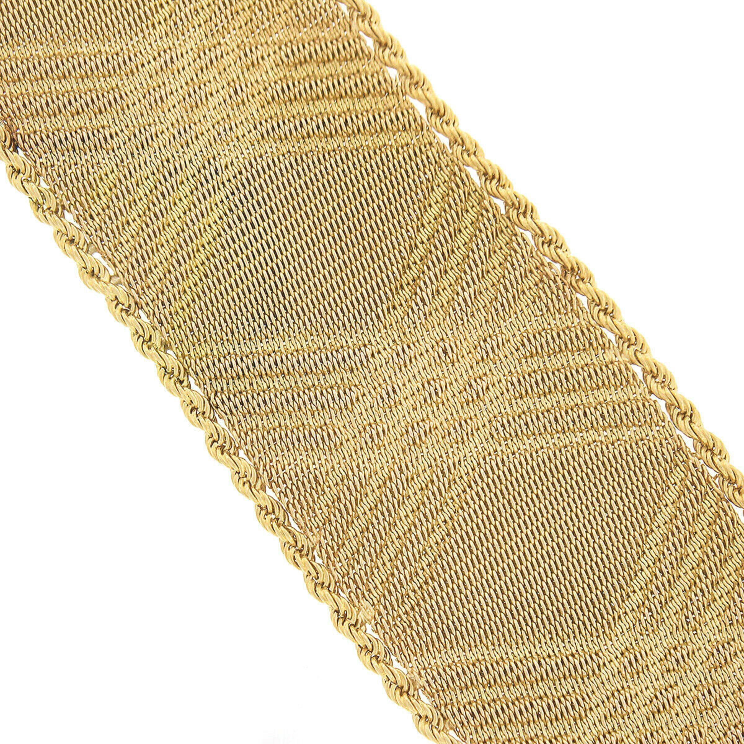 Vintage Italian 18K Gold Woven Mesh Rope Chain Border Wide Strap Bracelet In Good Condition For Sale In Montclair, NJ