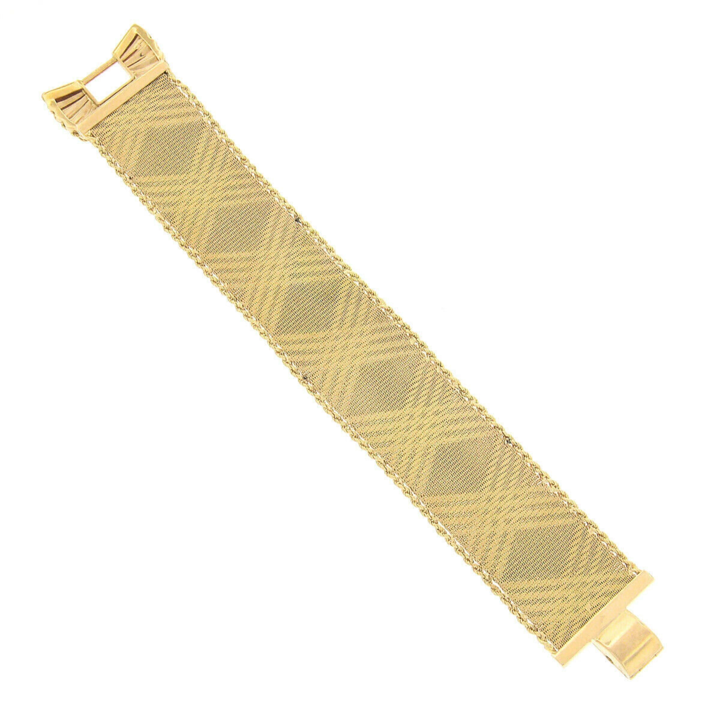 Vintage Italian 18K Gold Woven Mesh Rope Chain Border Wide Strap Bracelet For Sale 1