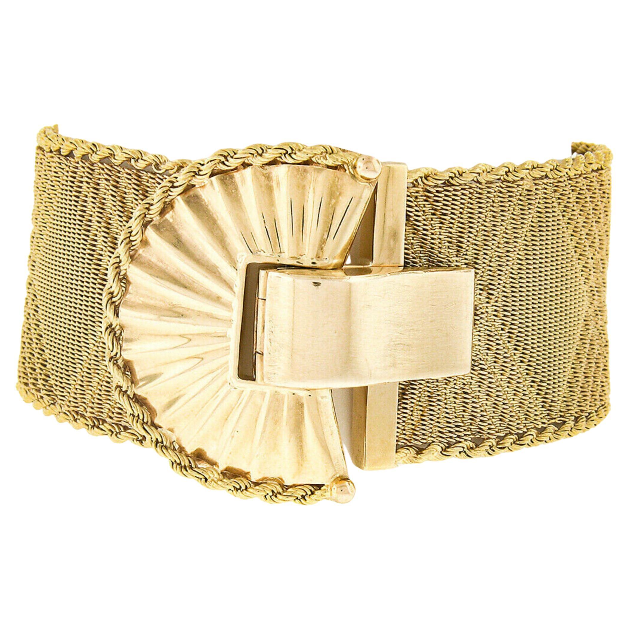 Vintage Italian 18K Gold Woven Mesh Rope Chain Border Wide Strap Bracelet For Sale